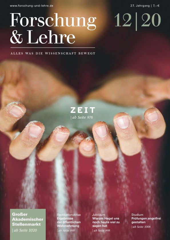 Cover "Forschung & Lehre. Alles was die Wissenschaft bewegt". Ein Bild von Händen, durch die Sand fließt.