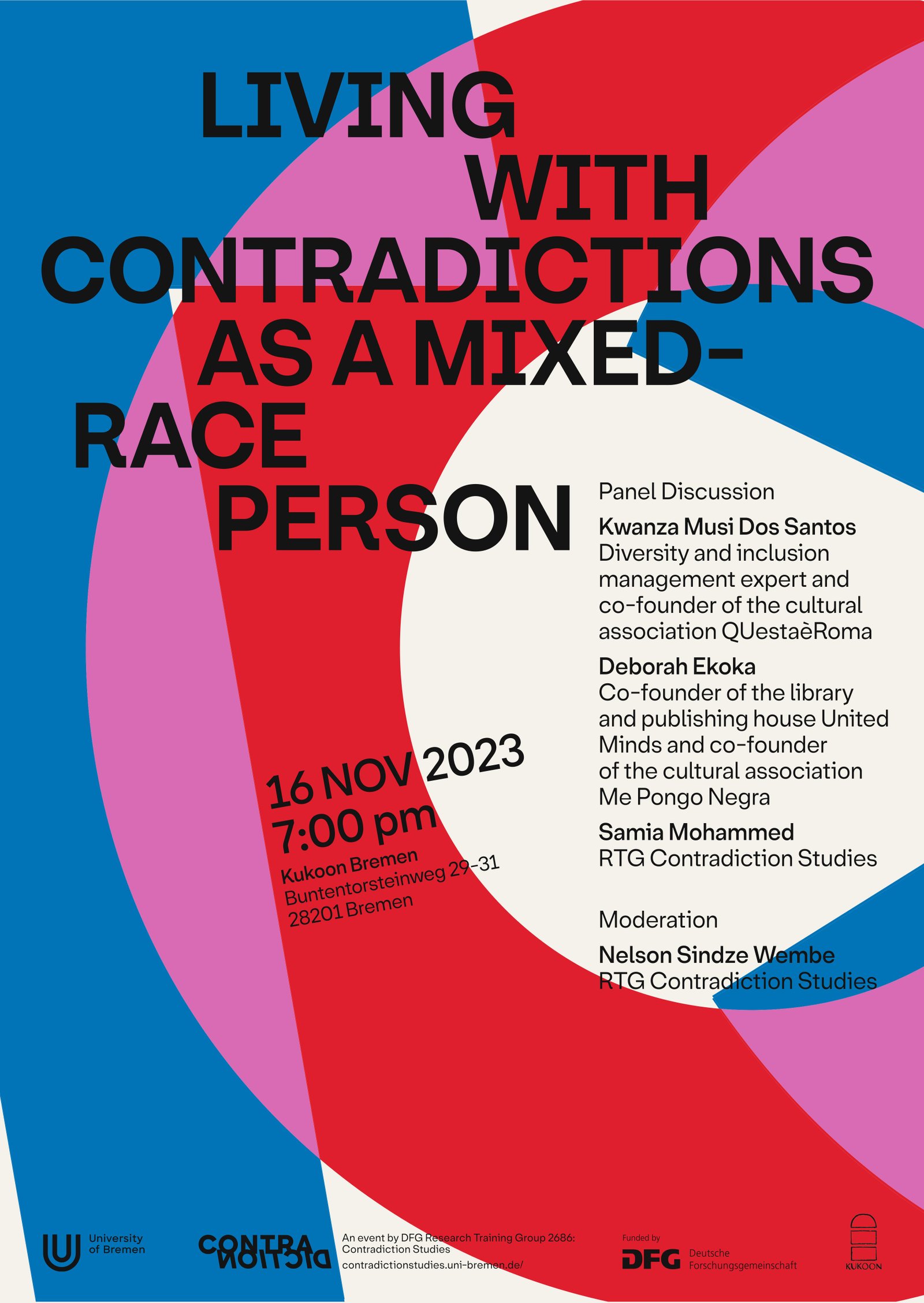 Ankündigungsposter zur Podiumsdiskussion Living with Contradictions as a mixed-race person. 16.11.23