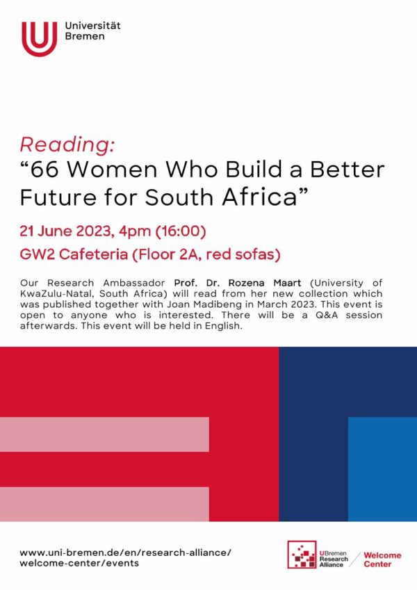 Veranstaltungsposter "Reading: 66 Women Who build a Better Future for South Africa". 21.06.23